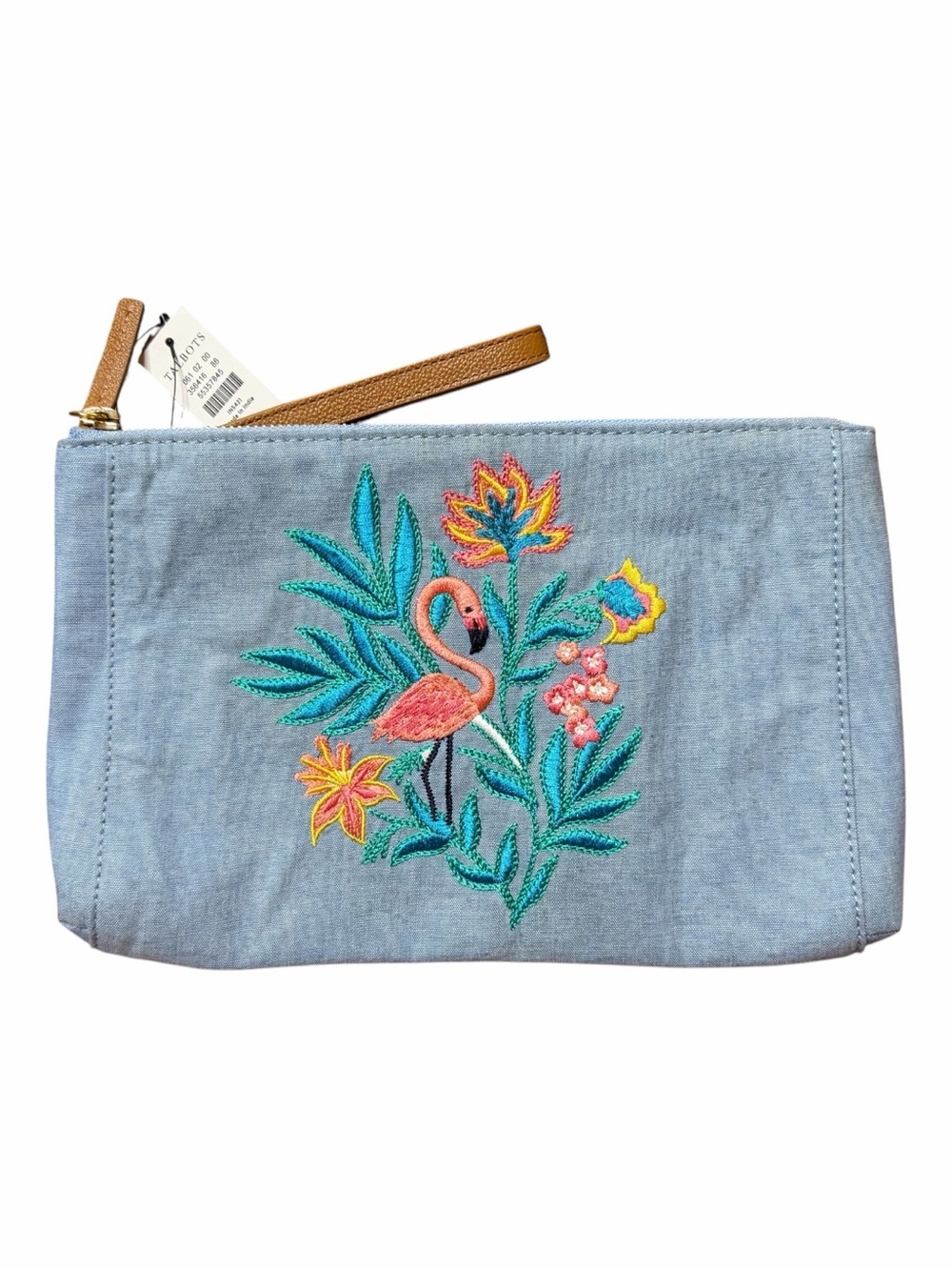 🦩🩵 TALBOTS Colorful Embroidered Flamingo Wristlet. NWT
